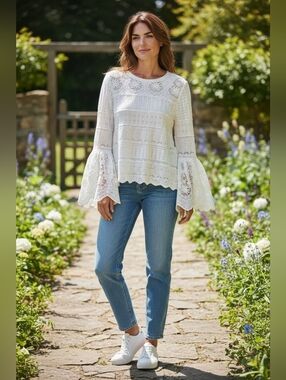 Boston Proper White Lace Bell-Sleeve Top with